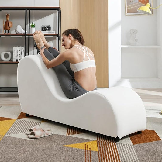 Mjkone 60.6 W Yoga Sofa Chair Chaise Lounge Chairs Indoor for Adults Bedroom Yogas Stretching Curved Velvet Yoga Lounges Chaise Chair for Living Room Relaxing Apartment Exercising Beige