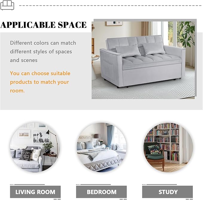 54 Convertible Sofa Bed Velvet Sleeper Sofa with Pull-Out Bed 3-in-1 Futon Couch with Reclining Backrest and Side Pocket Modern Loveseat for Living Room (Silver Grey)