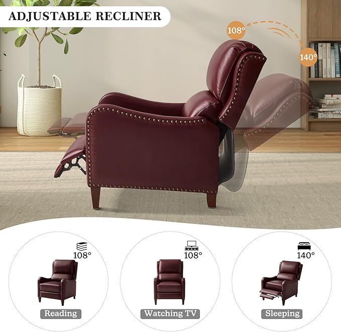 HULALA HOME Genuine Leather Recliner Chair Modern Push Back Recliner Armchair with Thick Seat Backrest &amp Footrest Nailhead Decor for Living Room Bedroom Burgundy