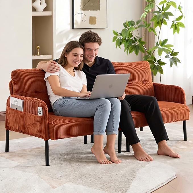 Loveseat Sofa 67” Small Sofa Couch for Living Room Comfy Corduroy Fabric Love Seat for Bedroom with Throw PillowRemovable Cushion CoverCouches for Small SpaceApartmentDorm (Orange)