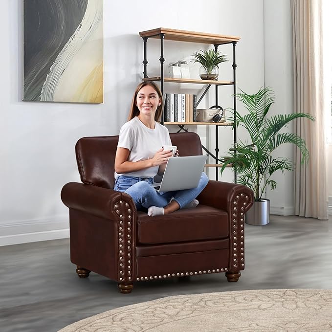 Faux Leather Accent Chair35 W Upholstered Mid Century Modern Armchair with Rivet Rolled ArmDeep Seat Comfy Single Sofa Chair for Living RoomBedroomApartmentOffice(Burgundy)
