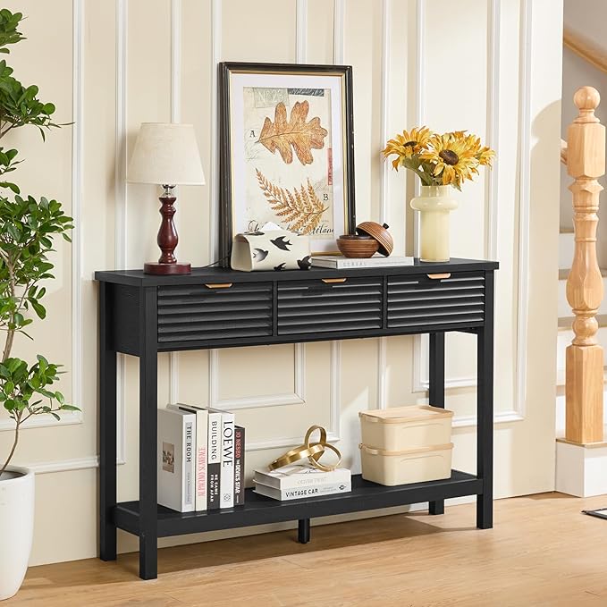 LEYAOYAO Fluted 47.2 Console Table with 3 Drawers Modern Wood 2 Tier Entryway Table with Open Storage Shelf Boho Sofa Entry Tables Behind Couch for Living Room Hallway Entrance Foyer Black Oak
