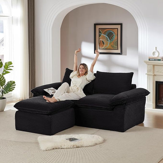 80 Cloud Sectional Couch with L-Shaped Chaise Corduroy Sectional Sofa with Ottoman Boneless Couch with Deep Seat in a Box for Living Room No Assembly Required (Black)