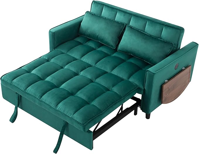 3 in 1 Sofa Bed Pull Out Couch with Side Pockets Loveseat Sleeper Sofa Bed with Side Table Pull Out Couch with USB Ports for Living Room Bedroom Apartment Green