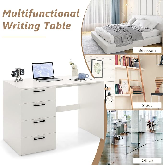 COSTWAY White Computer Desk with 4 Large Drawers Home Office PC Desk Workstation for Writing Modern Computer Table for Bedroom Study Living Room