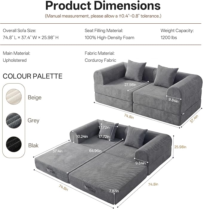 74.8’’ Boneless Modular Convertible Sofa Bed Fold-Out Floor Couch Loveseat All-Foam Futon Mattress Couch Corduroy Sleeper Sofa for Living Room &amp Small Spaces No Assembly Required Gray