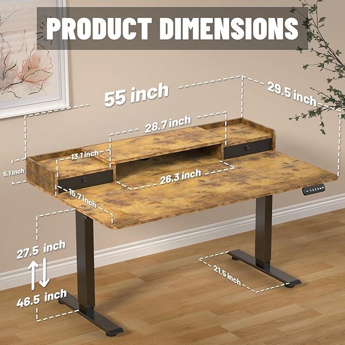 55 x 30 Inch Electric Standing Desk with 2 Drawers Adjustable Height Widened Stand Up Desk with Storage Sit to Stand Ergonomic Workstation for Home Office Rustic Brown