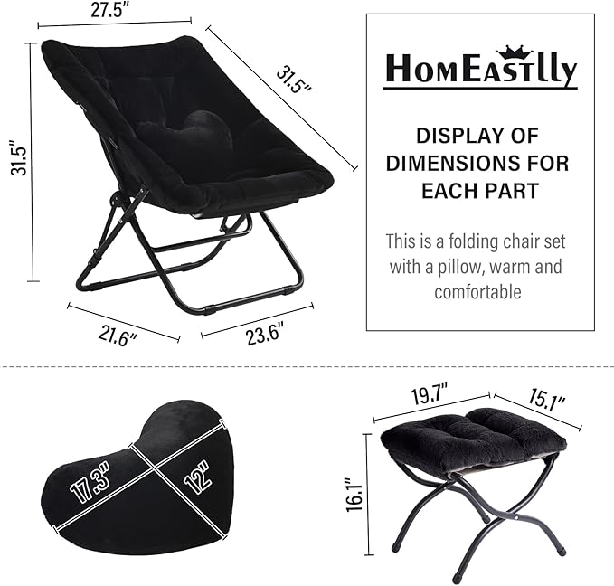 Comfy Saucer Chair with Ottoman Oversized Folding Faux Fur Chair Soft Furry Lazy Chair with Metal Frame Moon Chair Accent Chair for Bedroom Living Room Dorm Rooms Black
