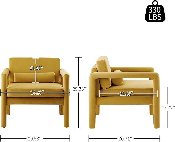 Art Leon Modern Accent Chair Velvet Upholstered Arm Chair with Pillow Single Sofa Chair for Living Room Bedroom Yellow