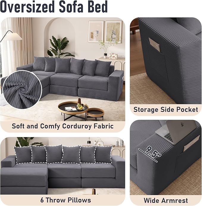 102 Upgraded L-shaped Modular Sectional Couches for Living Room Convertible Oversized Sleeper Sofa Bed-Luxury 1.5 Queen Bed. 11-in-1 Multifunctional Corduroy Boneless Folding Futon Couch Grey.