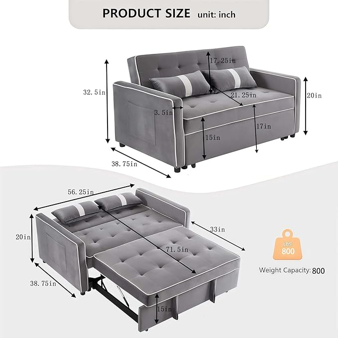 71.5 3 in 1 Convertible Loveseat Sleeper Sofa Modern Futon Couch with Adjustable Backrest Pull Out Sofa Bed Upholstered for Living Room Bedroom Apartment Small Space (Grey)
