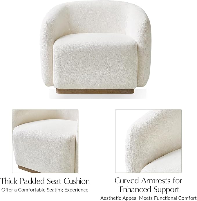 HULALA HOME Swivel Accent Chair with Solid Wood Base Chenille Curved Swivel Barrel Chair Modern Club Armchair Upholstered Single Sofa for Living Room No Assembly Required Ivory