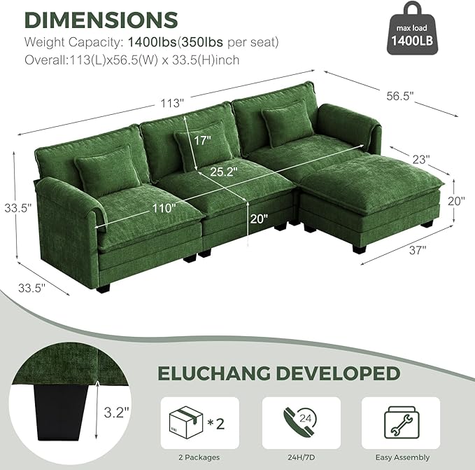 ELUCHANG 116 L Shaped Modular Sectional Cloud Couch with Pillow Deep Seat Sofa Couches for Living Room 4-Seat Modern Sofa with Movable Ottoman Chenille Green