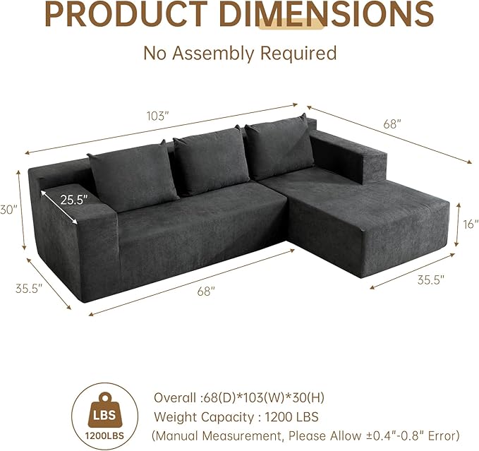 ANONER 103” Cloud Sectional Sofa L-Shaped Boneless Couch Modern Minimalist Modular Free Combination Foam Sofa with Deep Seat for Living Room No Assembly Required Dark Grey