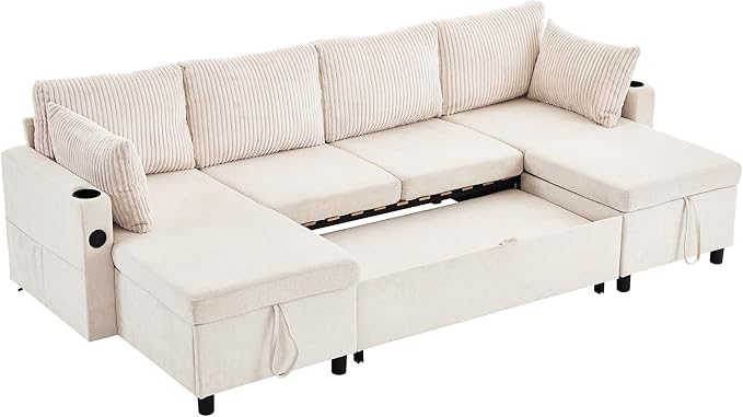 111.8 Sectional Sofa Pull-Out Sofa Bed with Double Storage Chaise Lounge Versatile Sofa Sleeper Couch with Cup Holders and USB Ports for Living Room Appartment Office (Beige-CF)
