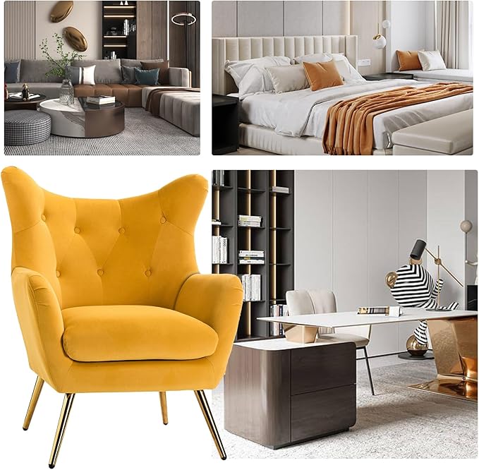 HULALA HOME Velvet Accent Chair Modern Wingback Arm Chair with Metal Gold Legs Velvet Tufted Upholstered Single Sofa Chair for Living Room Bedroom (Mustard)