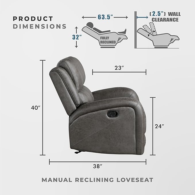 Lexicon 61.5'' Double Recliner Couch Wall Hugger Sofa Recliners Home Theater Seating Dual Reclining Couch Love seat Recliner Manual Recliner Couches for Living Room/Bedroom/Office/Apartment Grey