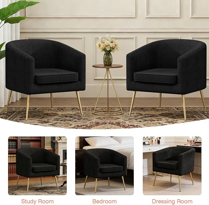 Velvet Accent Chair Set of 2 Modern Barrel Armchair with Gold Legs Upholstered Club Chairs for Living Room/Bedroom/Guest Reception Black