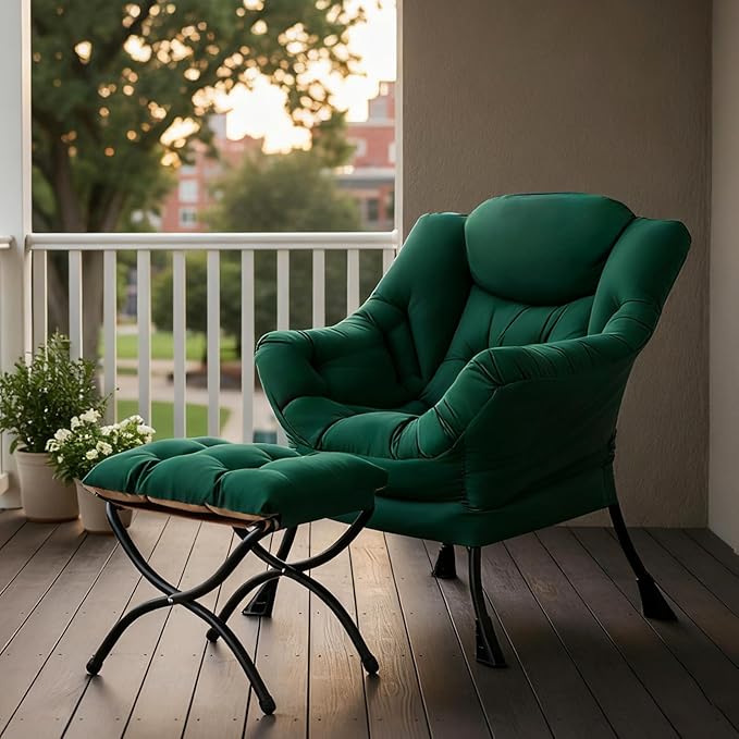 Tiita Lazy Chair with Ottoman Green Modern Large Accent Chair Comfy Leisure Sofa Armchair with Ottoman Reading Chair with Footrest for Bedroom Living Room Dorm Rooms Green