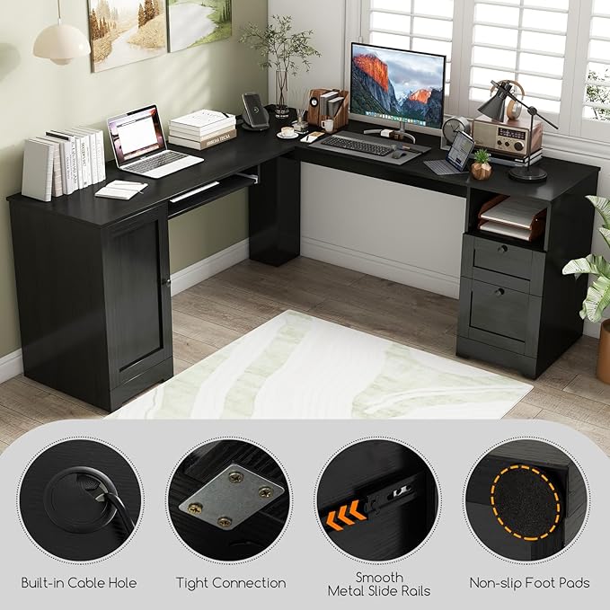 Tangkula 66” x 66” L-Shaped Office Desk with Power Outlets Modern Home Office Computer Desk with 2 Drawers Cabinet Adjustable Shelf &amp Keyboard Tray Corner Executive Desk for Working Writing