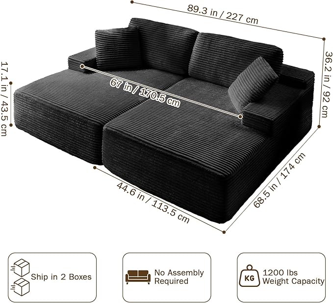 89.3” Oversized Double Chaise Lounge Indoor Black Corduroy Chaise Lounge Chair Upholstered Sleeper Sofa Bed Deep Seat Sleeper Loveseat Reading Chairs Boneless Cloud Couch for Living Room Bedroom