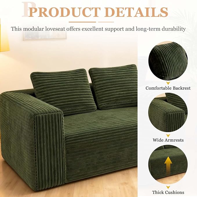 63 Green Boneless Couches for Living Room Compressed Sofa Couch in a Box Corduroy Memory Foam Floor Couch for Adults Memory Foam Deep Seat No Assembly Required (Green)
