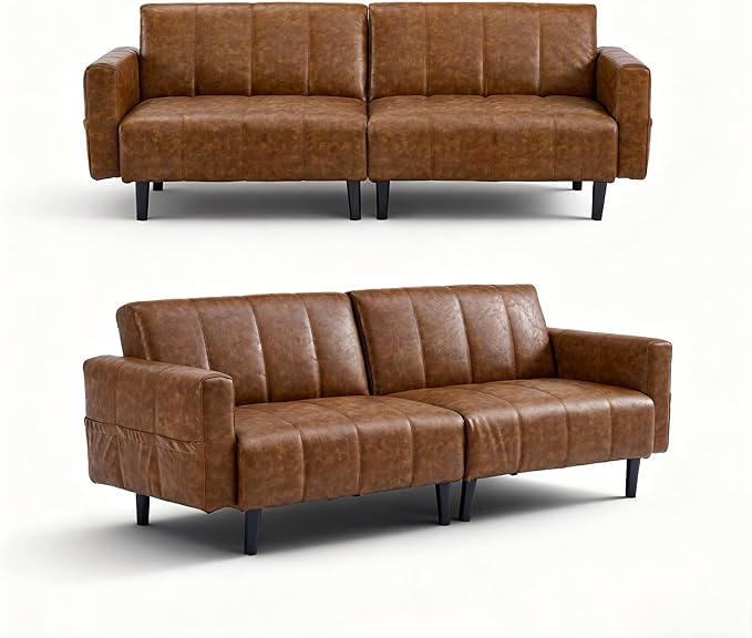 83 Mid Century Modern Futon Sofa Bed 3 Seater Faux Leather Couch with Adjustable Backrest Comfy Upholstered Sleeper Sofa for Living Room Apartment Home Office (Brown)