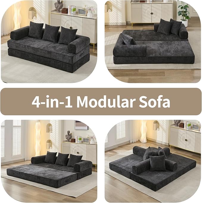 Convertible Sofa Bed 4-in-1 Floor Foldable Couch Bed with Armrests &amp Pillow Chenille Fabric No Assembly Required Comfy Memory Foam Couch Lounge Sofa for Living Room Black