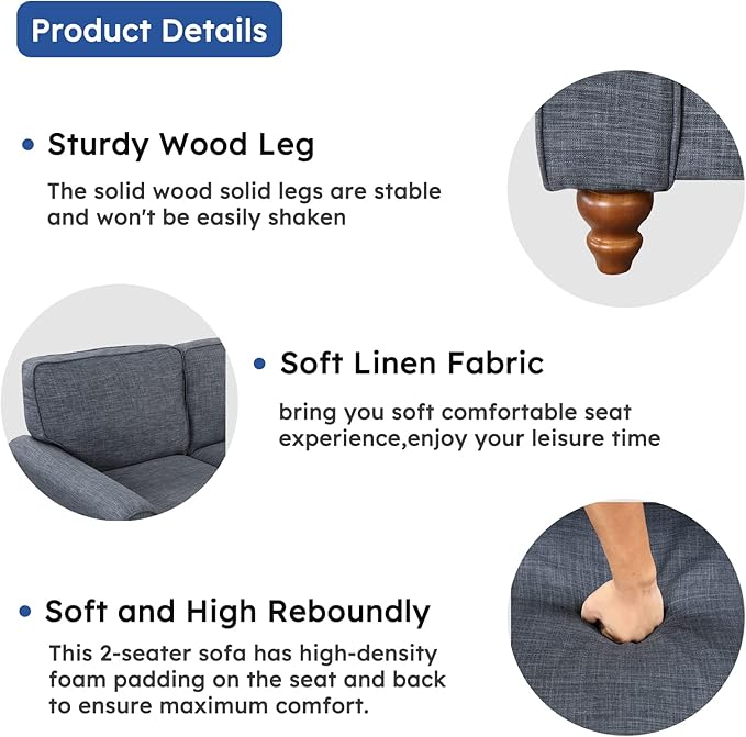 EBELLO Modern Linen Fabric Loveseat Sofa Upholstered 2-seat Sofa Couch Wood Frame and Sturdy Legs for Living Room Bedroom Office Dark Blue