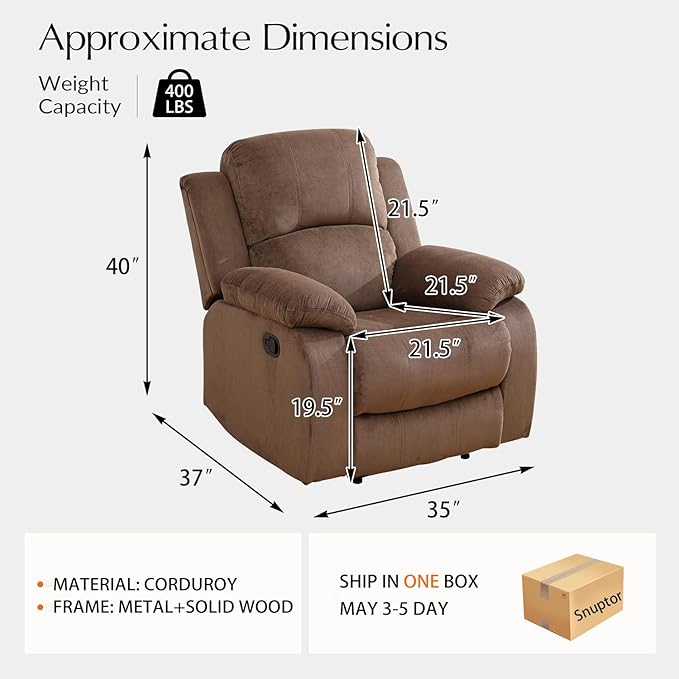 Manual Velvet Recliner Chair Sofa for Living Room35 Ergonomic Reclining Chair with 10 Arm/Upholstered Seat/Metal FrameModern Single Couch for Rv Sofa/Home Theater Seating/Office(Brown)
