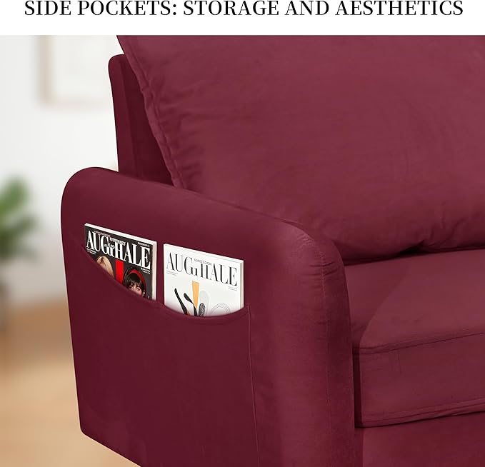 56.1 Round Arm Velvet Loveseat with Side Pockets and a Square Pillow (Burgundy) | Side Storage Pockets Pillow Included