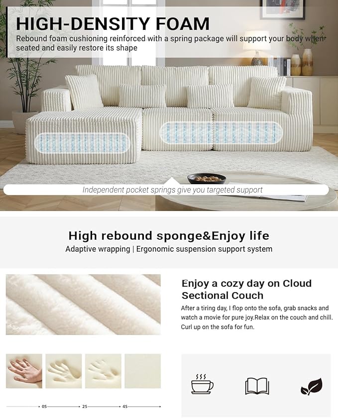 110 Cloud Couch Sectional L Shaped Boneless Couch Sectional Couches for Living Room Modern Comfy Corduroy Fluffy Modular Sofa with Deep Seat No Assembly (White Right Facing Chaise)