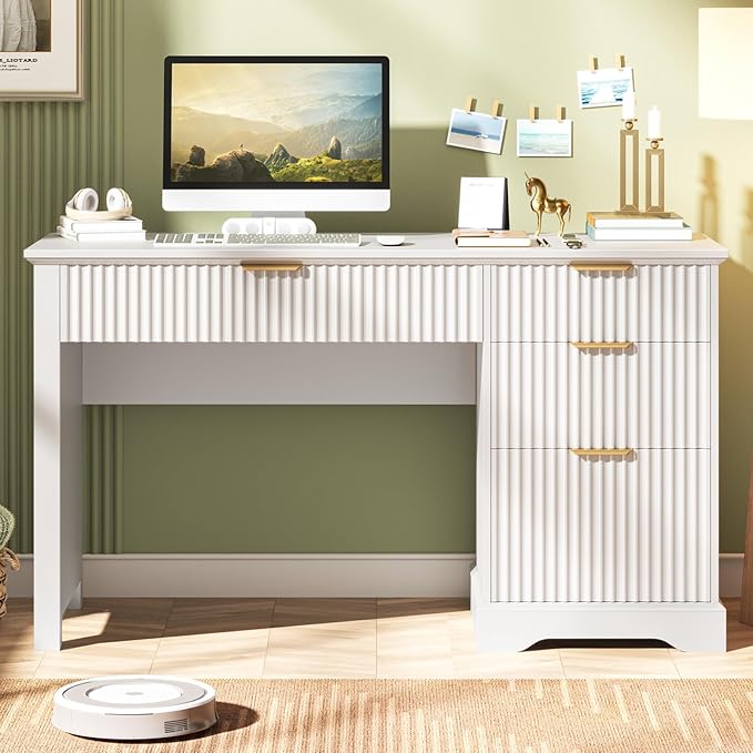 Vabches Fluted Executive Desk with Drawers Wood Computer Desk with Ample File Drawer Home Office Desk with Storage for Study Bedroom Living Room White