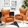 Modern Accent Chairs Set of 2 Wingback Chair with Arm &amp Gold Legs Living Room Bedroom Side Chair with Lumbar Pillow Velvet Upholstered Channel Tufted Orange