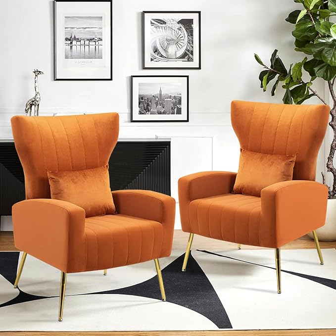 Modern Accent Chairs Set of 2 Wingback Chair with Arm &amp Gold Legs Living Room Bedroom Side Chair with Lumbar Pillow Velvet Upholstered Channel Tufted Orange