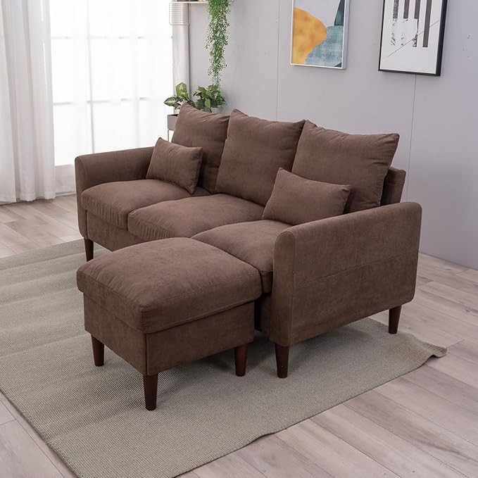 Panana 3 Seater with Footstool Chaise Small L-Shaped Corner Sofa Couch Armchair Furniture for Living Room Office (Brown Linen 3 Seater + Ottoman)