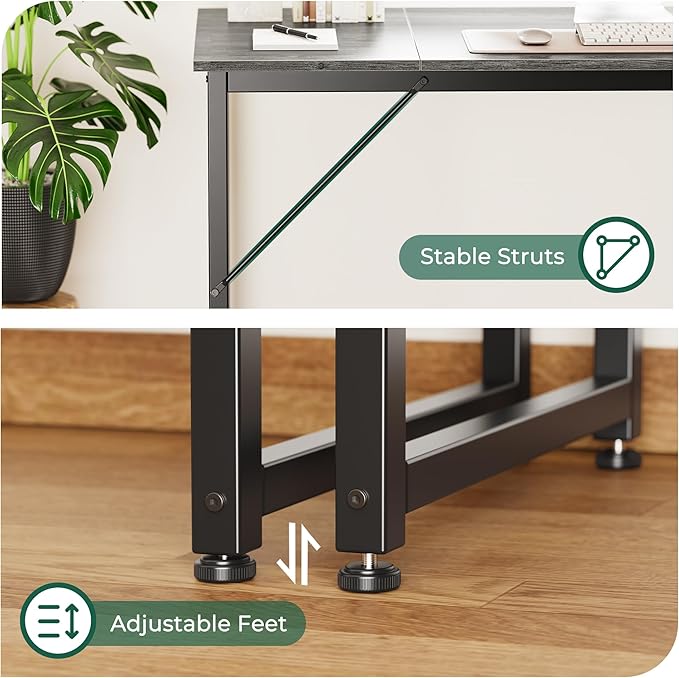 Huuger Computer Desk 70 Inch Office Desk Gaming Desk with Storage Writing Desk Work Desk for Home Office Study Long Simple Desk Large Legroom Metal Frame Grey