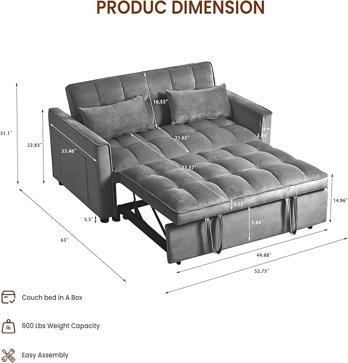 Convertible Sofa Bed 3 in 1 Pull Out Loveseat Sleeper Couch with Adjustable Backrest Side Pocket Two Pillows for Apartment Dorm Room Bedroom and Small Space | Velvet Fabric