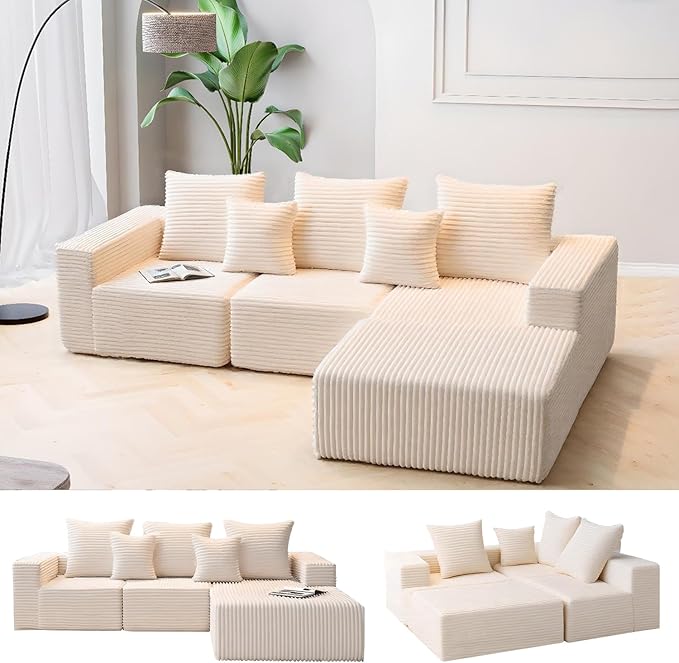 108” Boneless Couch for Living RoomModular Sectional Sofa with Right ChaiseCloud Sectional Couch L-Shaped Deep Seat Corner Couches for BedroomBeige