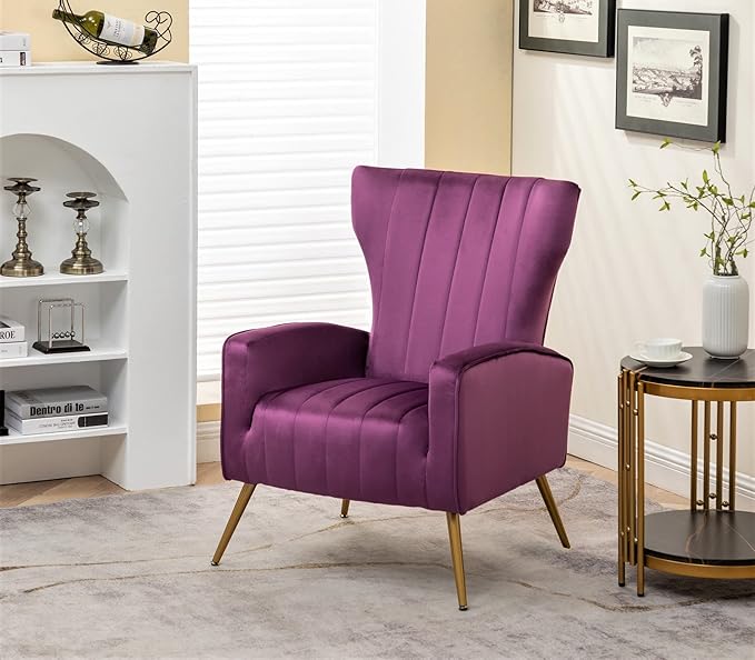 Modern Velvet Accent Chair Channel Tufted Bedroom Office or Living Room Furniture with Elegant Metal Legs 26 Wide Armchair Purple