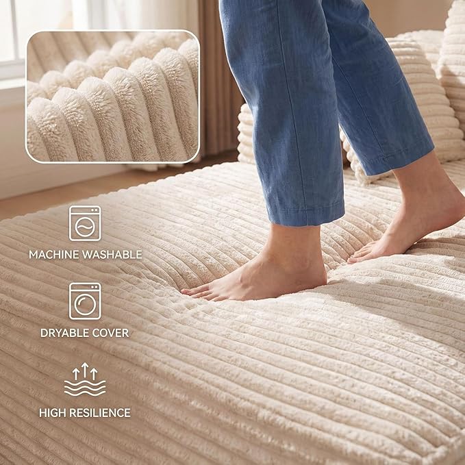 Boneless Chaise Lounge Chair Indoor with Ottoman 67 Inch Oversized Corduroy Couch Compressed Sofa Bed Couches for Living Room Bedroom Guest Room No Assembly Required Off-White