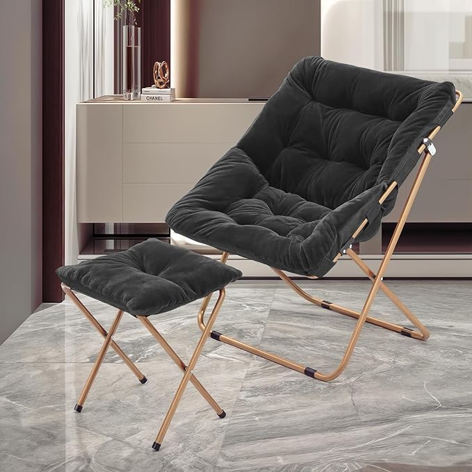 MoNiBloom Square Folding Faux Fur Saucer Chair for Bedroom Living Room Dorm Foldable Metal Frame Oversized Large Comfy Furry Padded Soft Cozy Moon Chair with Footrest Ottoman for Adults (Black 2 Set)
