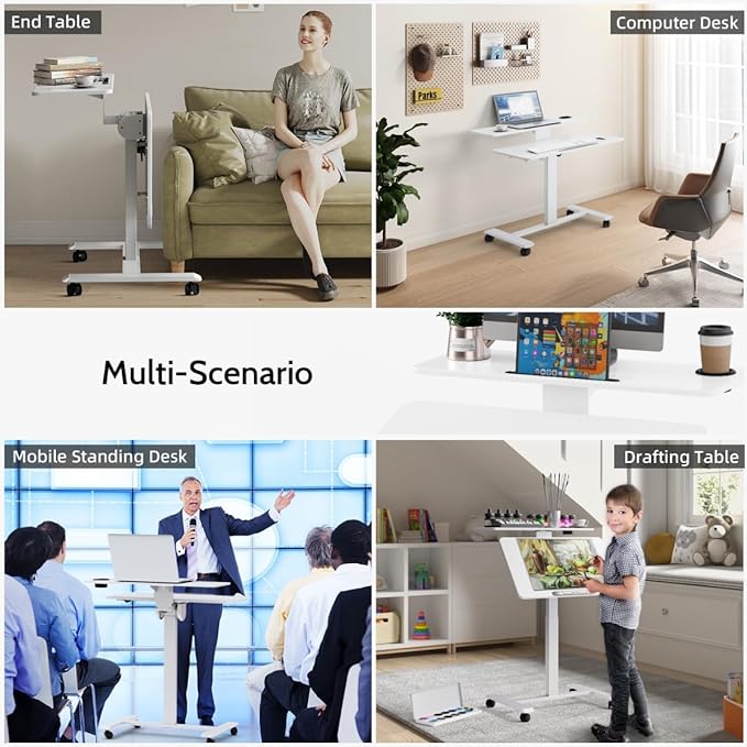 Pneumatic Standing Desk with Wheels - Adjustable Height 28 - 46 &amp 0-90° Tilt 31.5 x 17.7 Skin-Feel Desktop Rolling Computer Desk for Home Office Hospital School (White)