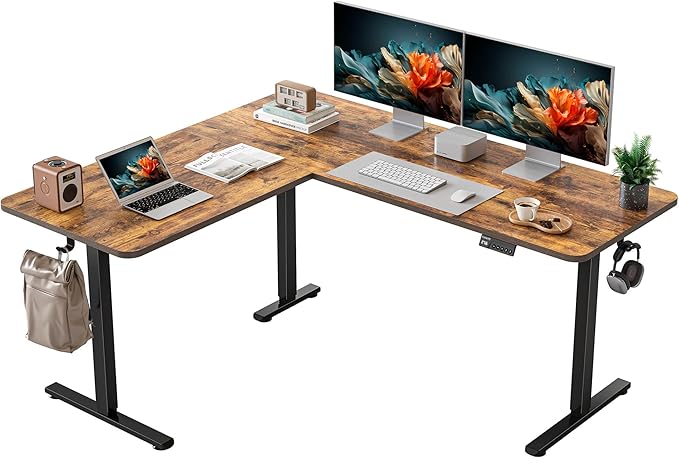 YIHAYO L Shaped Standing Desk Adjustable Height 63 x 55 Inches Electric Corner Standing Desk with Splice Board Computer Desk for Home Office Rustic Brown