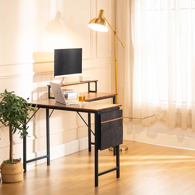 Homy Casa 48.8-Inch L-Shaped Computer Desk with Storage Bag and Desktop Rack – Durable Metal Frame Ample Storage Ideal for Home Office or Studio Use (Brown)
