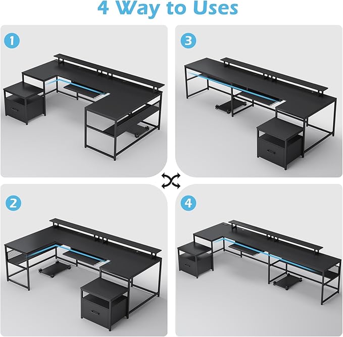 SEDETA U Shaped Desk Reversible L Shaped Home Office Desk with File Drawer &amp Power Outlet 101.5'' Computer Two Person Desk with Monitor Shelf Keyboard Tray Gaming Desk Black