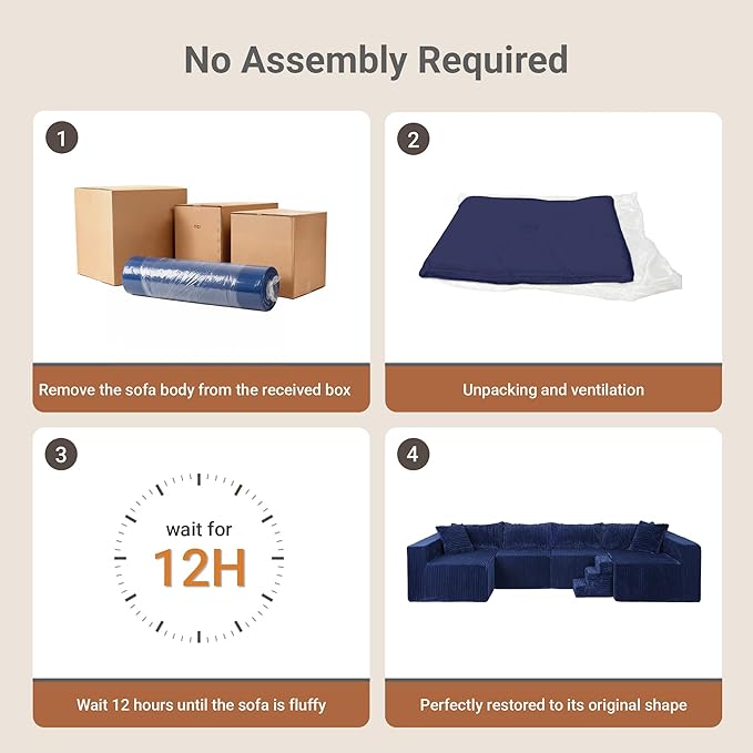 Claiks 128 Modular U Shaped Boneless Couch Deep Seat Bonless Couches for Living Room Modern Couch with Pet Stairs No Assembly Required Blue