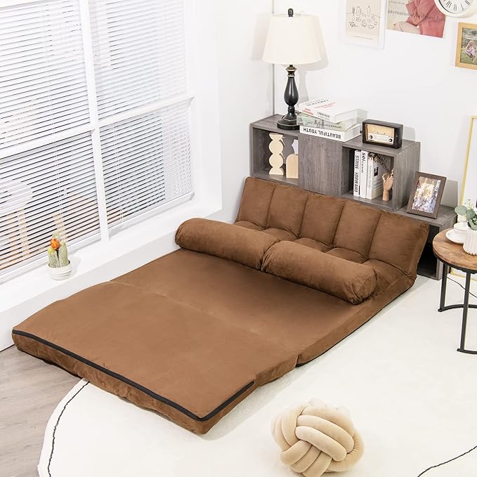 KOMFOTT Adjustable Floor Sofa Bed Foldable Lazy Sofa Sleeper Bed with 6 Position Backrest &amp 2 Pillows Convertible Futon Couch Bed with Suede Cloth Cover Lounge Recliner for Living Room (Coffee)