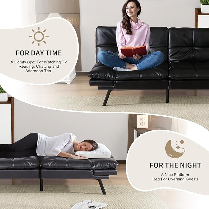 Opoiar 71-Inch Futon Sofa Bed Convertible Guest Bed &amp Loveseat | Cozy Faux Leather with Adjustable Positions for Welcoming Living Rooms - Black