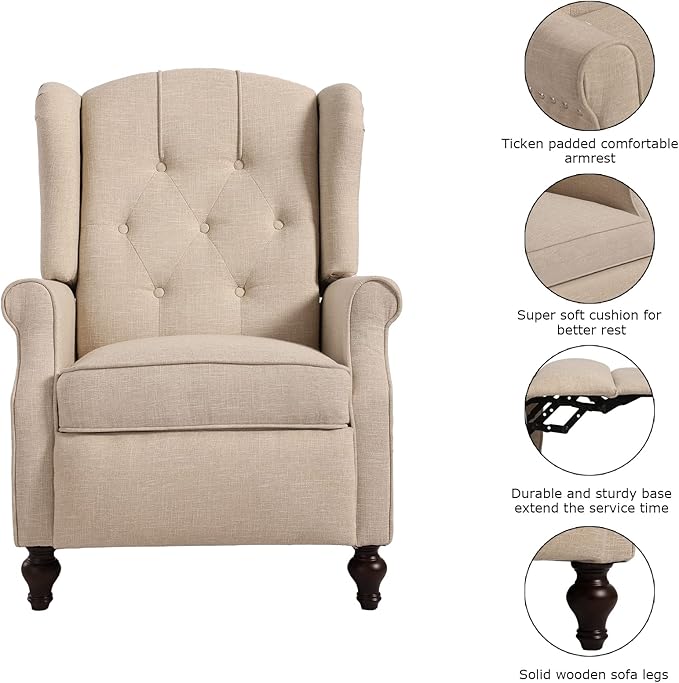 Recliner Wingback Chair - Tufted Armchair - Massage Recliner Chair with Heat - Fabric Push Back Recliner with Remote Control Heating Function Adjustable Backrest (Beige)